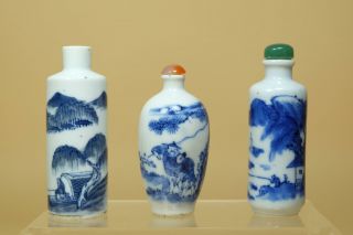 Three Antique Chinese Blue White " Landscape And Old Man " Snuff Bottles.