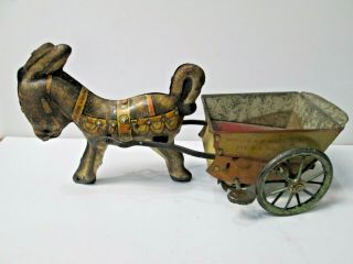 Vintage Lehmann Tap Tap Donkey & Cart German Tin Windup Toy