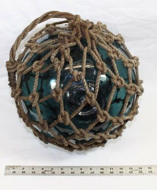 Vintage Large Japanese Glass Fishing Net Float Deep Aqua Green 5