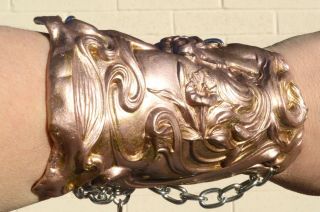 Antique Art Nouveau Rose Gold Cuff Bracelet Gladiator Bracer Lady Face Warrior