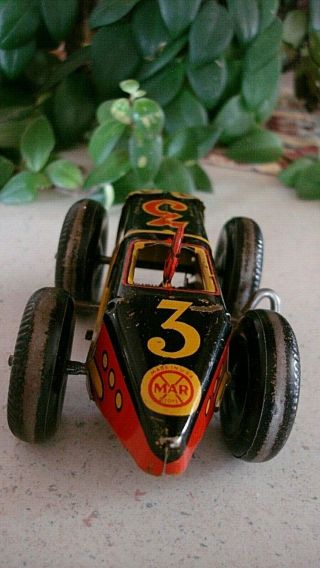 Vintage Marx Wind Up Toy Race Car Litho with Driver 3 Metal 4