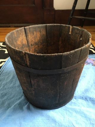 Antique 11 1/4 " Wooden Staved Sap Bucket 2 Bands,  Tight,  Old Black Paint