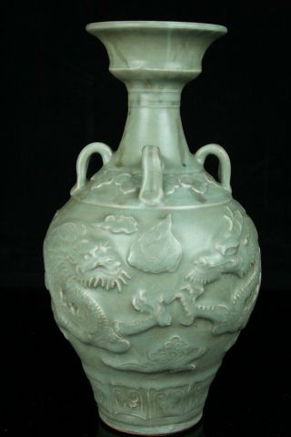 Apr245 Chinese Longquan Celadon Porcelain Dragon Relief Bottle Vase