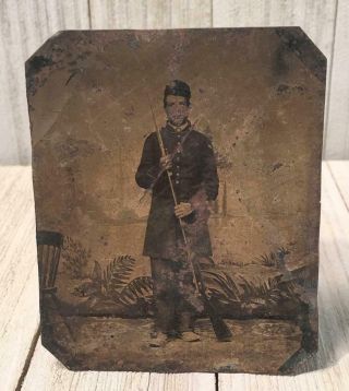 Rare Vintage Tintype Photograph W/ Soldier Holding Rifle W/ Bayonet