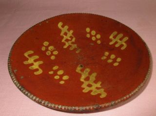 Antique 19th C Redware Stoneware Slip Decorated Pennsylvania Dish Plate 9 5/8 "