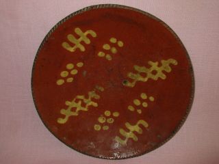 Antique 19th C Redware Stoneware Slip Decorated Pennsylvania Dish Plate 9 5/8 