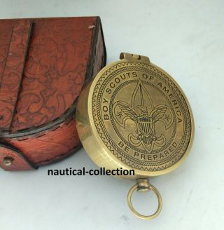 Antique Brass Boy Scout Compass Collectable Gift With Leather Case