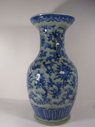 47 cm LARGE celadon relief QIANLONG Chinese porcelain vase blue withe 18th19thc 2