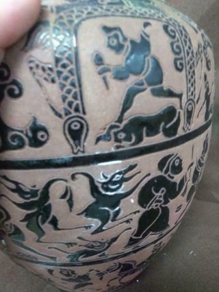 Old Vintage Asian Art Pottery Vase Artist Signed Chinese Japanese Ceramic 12