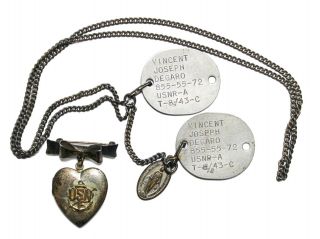 Us Wwii Usn Navy Dog Tags 1943 W/ Saint Medal & Locket Uss Wesson