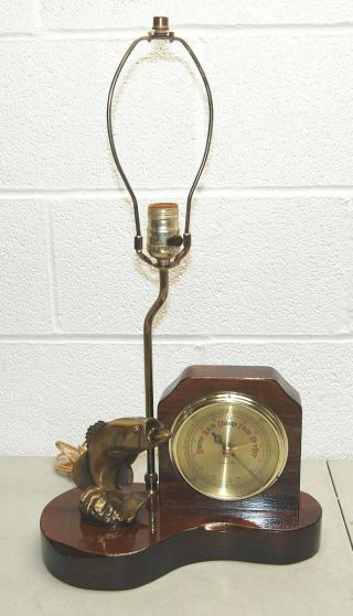 Rare Vtg Large 23 " Tall Real Wood Table " Fish " Lamp With Barometer