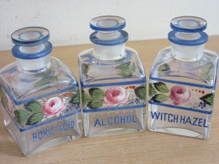 3 Antique Hand Painted Apothecary Jars Alcohol,  Witch Hazel,  Boric Acid