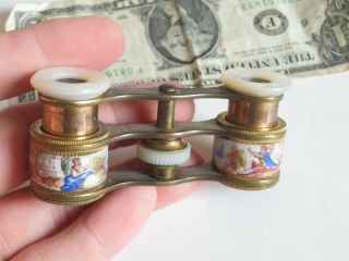 Antique Opera Glasses Porcelain Hand Painted Mother Of Pearl (r462)