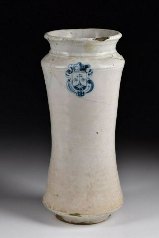 17th / 18th Century Spanish Faience Albarello Apothecary Jar With Coat Of Arms