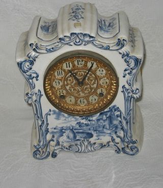 Vintage Blue And White Delft Choctaw Ansonia Clock Co.  Shelf Clock Dutch Scene