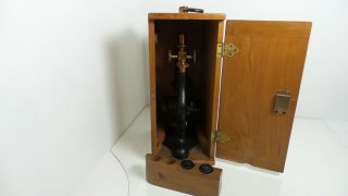 PAT.  DEC 1.  08 ANTIQUE BAUSCH & LOMB OPTICAL CO.  MICROSCOPE WITH WOODEN BOX 7