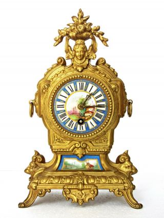 Antique Brunfaut /richard & Cie French Gilt Mantel Clock,  Porcelain Dial & Panel