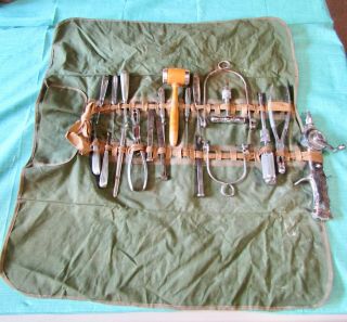 Antique Vtg Doctor Medical Canvas Roll Up Bag (military?) And Surgical Tools