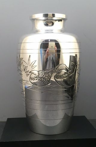 Japanese Meiji Sterling Silver Vase W/ Mandarin Duck,  Signed