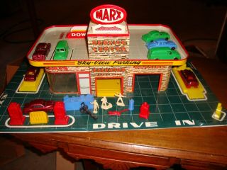 Look Vintage Marx Tin Litho Service/gas Center With Figures,  Cars And Accessories
