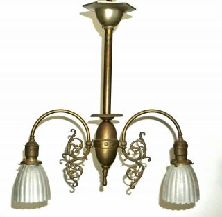 Antique Victorian Chandelier Brass,  Etched Glass " Wakefield Fixtures " Signed