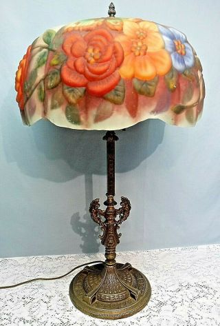 Vtg Pairpoint Style Reverse Painted Puffy Butterflies & Roses Brass Table Lamp