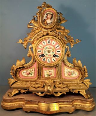 Antique French Gilt Spelter & Porcelain Mantel Clock,  Dated 1880