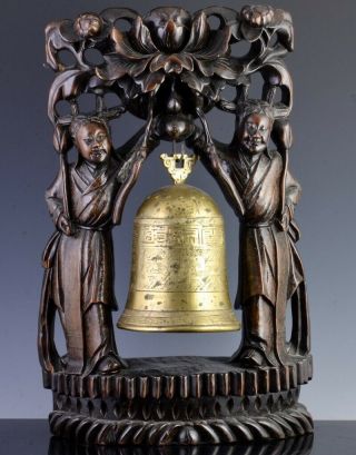 Exceptional Antique Chinese Qing Rosewood Silver Wire Figural Buddha Dinner Bell