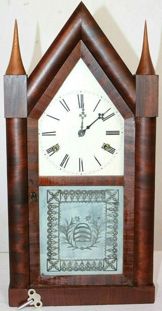 ANTIQUE RARE A.  S.  PLATT & CO.  DOUBLE FUSEE GOTHIC STEEPLE CLOCK W/ BEEHIVE GLASS 12