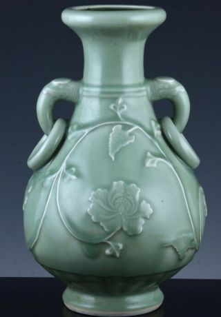 Superbly Carved Chinese Longquan Celadon Glazed Peony Elephant Handled Vase
