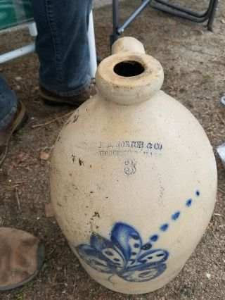 Antique F.  B.  Norton Cobalt Blue Tulip Decorated Stoneware Pottery 3 Gallon Jug,