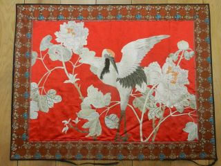 Large Antique Chinese Japanese Silk Embroidery Crane With Flowers Robe Fragment.