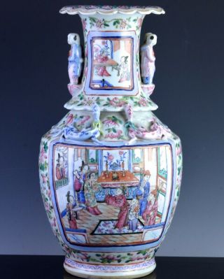 Great C1840 Chinese Daoguang Famille Rose Imperial Figures Vase Great Handles