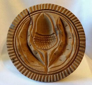 Primitive Antique Folk Art Carved Wood Butter Mold Press Stamp Acorn Leaf Branch