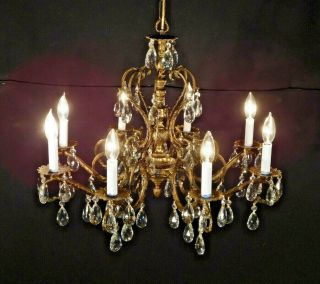 Antique French 8 Arm 8 Lite Cut Lead Crystal Bronze Brass Chandelier