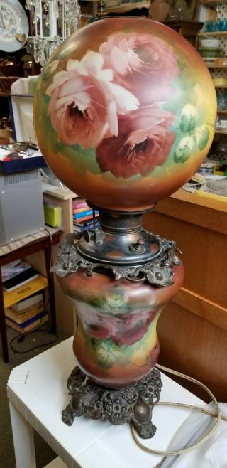 Antique Victorian Gone With The Wind Banquet Parlor Lamp Hand Painted 25” Tall
