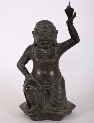 Antique Chinese Tibetan Bronze Kneeling Fat Happy Buddha Holding Censer Or Lamp