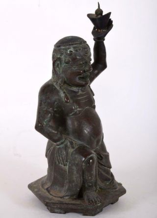 Antique Chinese Tibetan Bronze Kneeling Fat Happy Buddha Holding Censer or Lamp 4