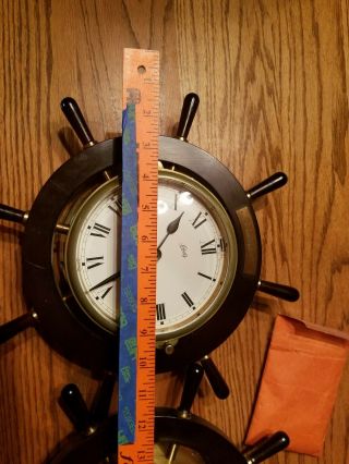 Vtg Schatz Germany Marine Ships Wheel Clock & Precision Barometer Brass USN NAVY 11