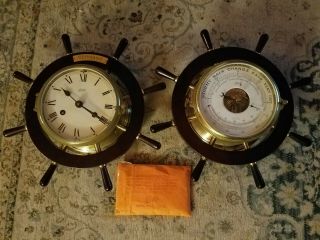 Vtg Schatz Germany Marine Ships Wheel Clock & Precision Barometer Brass Usn Navy