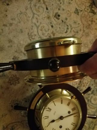 Vtg Schatz Germany Marine Ships Wheel Clock & Precision Barometer Brass USN NAVY 9
