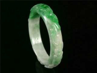 Fine Chinese Jadeite Emerald Jade Bangle Bracelet Bird,  Lotus & Ruyi Carved