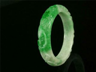 Fine Chinese Jadeite Emerald Jade Bangle Bracelet bird,  lotus & ruyi carved 2