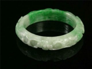 Fine Chinese Jadeite Emerald Jade Bangle Bracelet bird,  lotus & ruyi carved 3