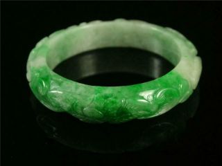 Fine Chinese Jadeite Emerald Jade Bangle Bracelet bird,  lotus & ruyi carved 4