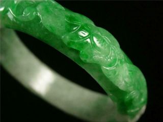 Fine Chinese Jadeite Emerald Jade Bangle Bracelet bird,  lotus & ruyi carved 5