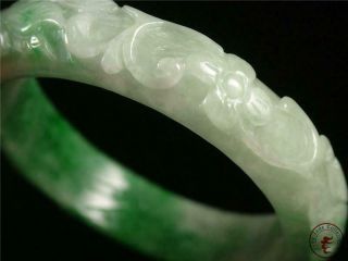 Fine Chinese Jadeite Emerald Jade Bangle Bracelet bird,  lotus & ruyi carved 7