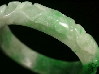 Fine Chinese Jadeite Emerald Jade Bangle Bracelet bird,  lotus & ruyi carved 8
