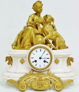 Antique French 8 Day White Marble & Gilt Metal Figural Mantel Clock
