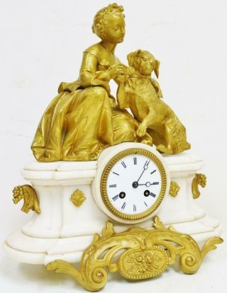 Antique French 8 Day White Marble & Gilt Metal Figural Mantel Clock 2
